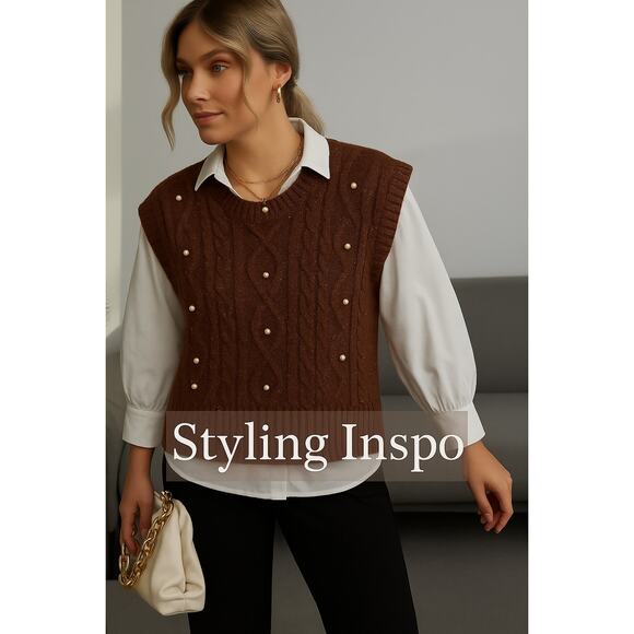 OntWelfth Metallic Knit Sleeveless Sweater Vest with Pearls – Brown Shimmer, XL - Picture 4 of 15